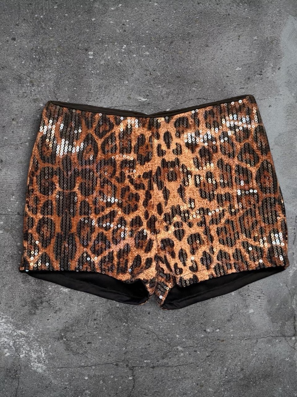Leopard Sequin Hot Pants Size M Animal Print Micro Shorts Y2K Party Club - Picture 1 of 5